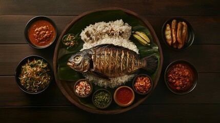 Close-up of delicious Kerala lunch dish rice with curries and fish fry