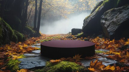 Poster - A serene forest trail is covered with autumn leaves, leading to a cylindrical platform. Morning mist shrouds the area, enhancing the ambiance of peace and solitude amid nature's beauty.