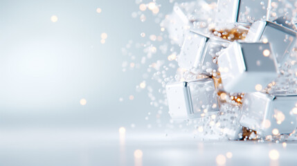 Poster - An explosion of shimmering light scatters from metallic cubes, creating an engaging and vibrant abstract wallpaper. The soft focus enhances the glittering effect