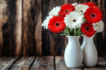 Wall Mural - Red and white flowers are displayed in two white vases on a white table from above