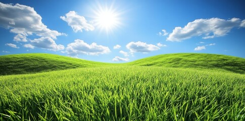 This is a minimalist summer mountain scene with rolling green hills, a blue sky and a white cloud; a peaceful and serene scene