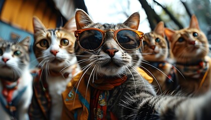 Wall Mural - Stylish Cats Taking a Fun Selfie in Sunglasses and Clothes, Capturing a Playful Moment Together