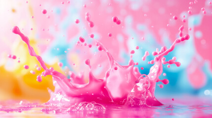 Poster - A burst of pink liquid splashes dramatically, creating intricate patterns while surrounded by soft pastel colors. The composition captures a sense of playfulness and creativity
