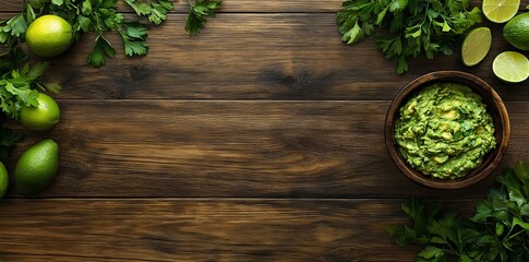 A forced perspective photograph of delicious guacamole topped with avocado on a wooden surface