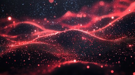 Wall Mural - Abstract red and black digital wave pattern with glowing particles