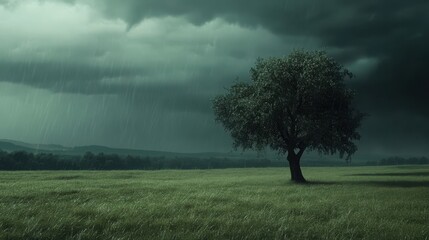 Wall Mural - Heavy rain pouring on a lone tree in the middle of an open field, with dark storm clouds gathering in the sky