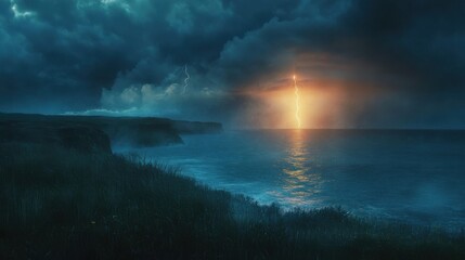 Wall Mural - A close-up of lightning striking in the distance, illuminating a coastal landscape at dusk