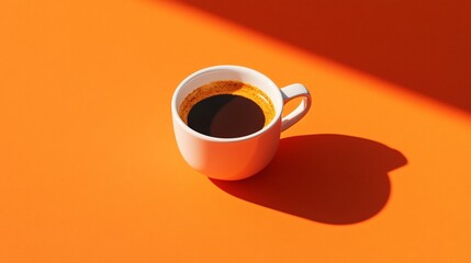 Wall Mural - White cup of black coffee on bright orange background.