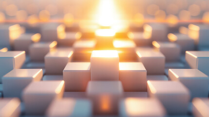 Poster - A captivating wallpaper design featuring a field of 3D blocks arranged in a geometric pattern. The scene is illuminated by warm, golden sunlight, creating a serene and modern atmosphere