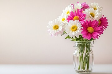 Wall Mural - Flowers in chrysanthemums and angelica lilies are displayed in a sweet little pink vase against a white background