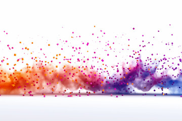 Poster - Colorful particles blend and swirl in an abstract design, creating a lively and energetic atmosphere set against a clean white background, ideal for various wallpaper uses