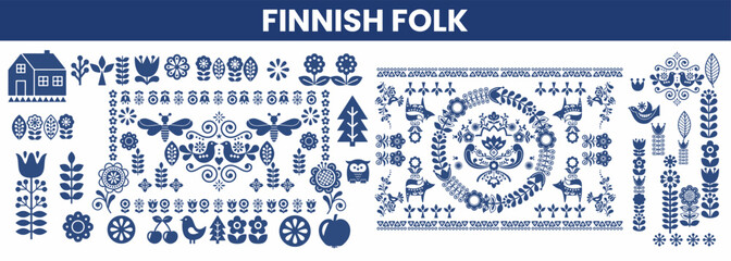 Scandinavian seamless pattern, Folk art vector round ornamental,  Retro style navy blue ornament, finnish folk set of icon. 