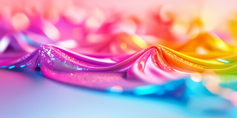 Poster - The smooth waves of shimmering, colorful fabric ripple across the surface, showcasing a blend of vibrant hues and an iridescent effect under soft lighting, creating a striking backdrop