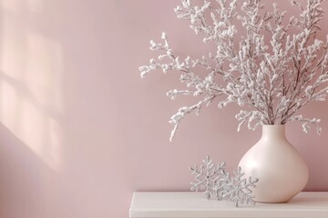 Wall Mural - soft pink walls complemented by elegant silver snowflakes evoke a festive vibe in a minimalist christmas dcor banner