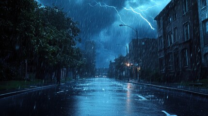 A deserted street during a rainstorm, with water flowing down the gutters and lightning flashing in the sky