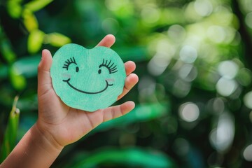 Poster - A person's hand holding a green smiley face paper cutout, used for decoration or as a prop