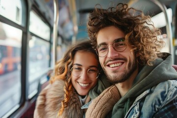 Poster - A pair of travelers sitting together on a bus