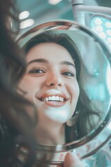 Poster - A happy woman admires herself in a mirror