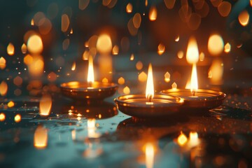Poster - Group of lit candles sitting on a table, perfect for decorative purposes or as a centerpiece