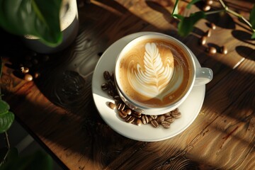 Aufkleber - A cup of coffee sits on a saucer on a table, ready to be enjoyed