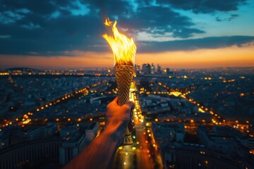 Canvas Print - A person holds a lit torch in front of a city skyline