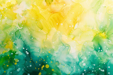 Sticker - A painting of a green and yellow background with white and blue splatters