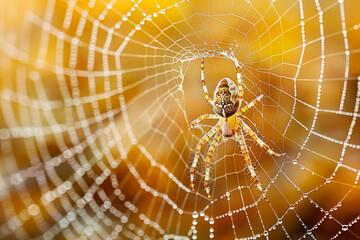 A spider is sitting in the center of a spider web