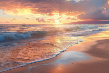 Wall Mural - The ocean is calm and the sun is setting, creating a beautiful