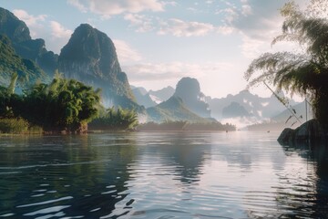 Poster - A serene lake surrounded by towering mountains