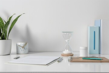 Poster - A table setup for writing or studying with a notebook, pen, and hourglass