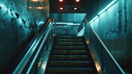 Aufkleber - An escalator in a dimly lit room with soft lights, suitable for use in presentations about technology or modern architecture