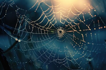 Poster - A close-up of a spider web covered in tiny water droplets