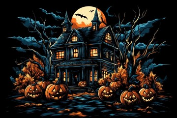Wall Mural - Halloween haunted house with pumpkins and a full moon, illustration on a black background Generative AI