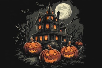 Wall Mural - a cartoon illustration of a spooky haunted house with pumpkins and a full moon on a black background Generative AI