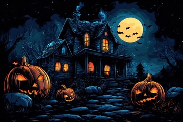 Wall Mural - Halloween haunted house with pumpkins and a spooky night sky illustration on a black background, in a cartoon style Generative AI