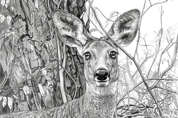 Poster - A black and white drawing of a deer in its natural habitat, great for using as a simple illustration or design element