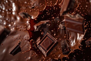 Poster - A chocolate bar falls into a pile of melted chocolate, great for food or dessert photography