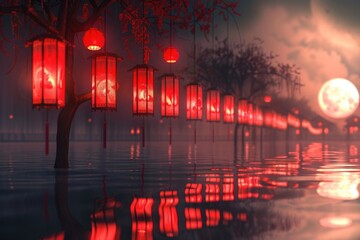 Aufkleber - A row of red lanterns floating on the surface of calm water