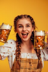 Poster - A person holding two mugs of beer, suitable for party or social event