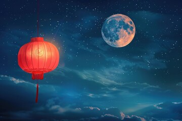 Poster - A red lantern hangs from a string against the backdrop of a full moon, providing a warm glow