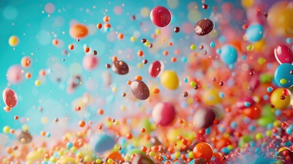 Poster - A bunch of different colored candies suspended in the air, perfect for decorating or illustrating a whimsical scene