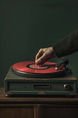 Poster - A person holds a red record on top of a wooden table, with a simple and rustic background