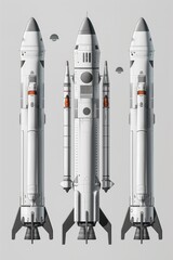 Poster - A trio of rockets standing together on the ground or launchpad, ready for liftoff