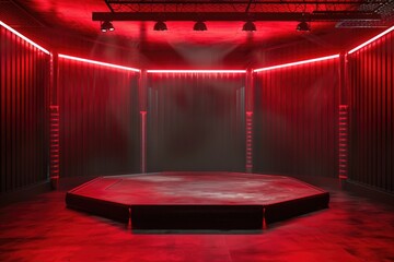 Wall Mural - A stage lit up by bright red lights with red curtains in the background