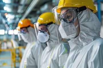 Poster - Workers in a factory setting wear protective gear as they work on various machinery and equipment