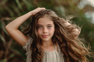 Wall Mural - A young girl with long brown hair posing for a photo