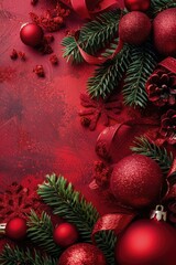 Canvas Print - A festive Christmas scene with red ornaments and greenery