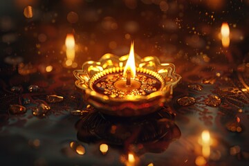 Poster - A lit candle placed on a table, perfect for use in still life photography or as a decorative element