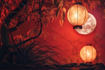 Aufkleber - Two lanterns suspended from a tree branch, providing soft light