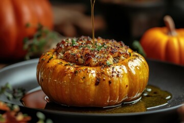 Poster - tempting stuffed pumpkin, presented on a trendy plate with a touch of olive oil, offers a delectable seasonal dish concept